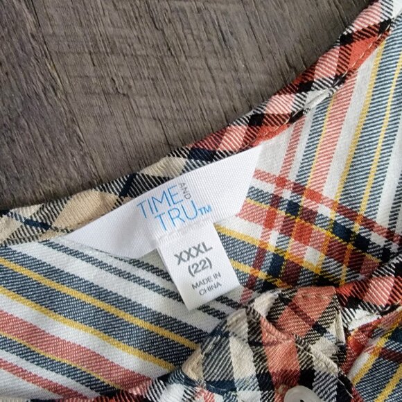 Time and Tru Plaid Ruffle Top Plus Size XXXL 22 Fall Sleeveless White Red Orange - Picture 2 of 4